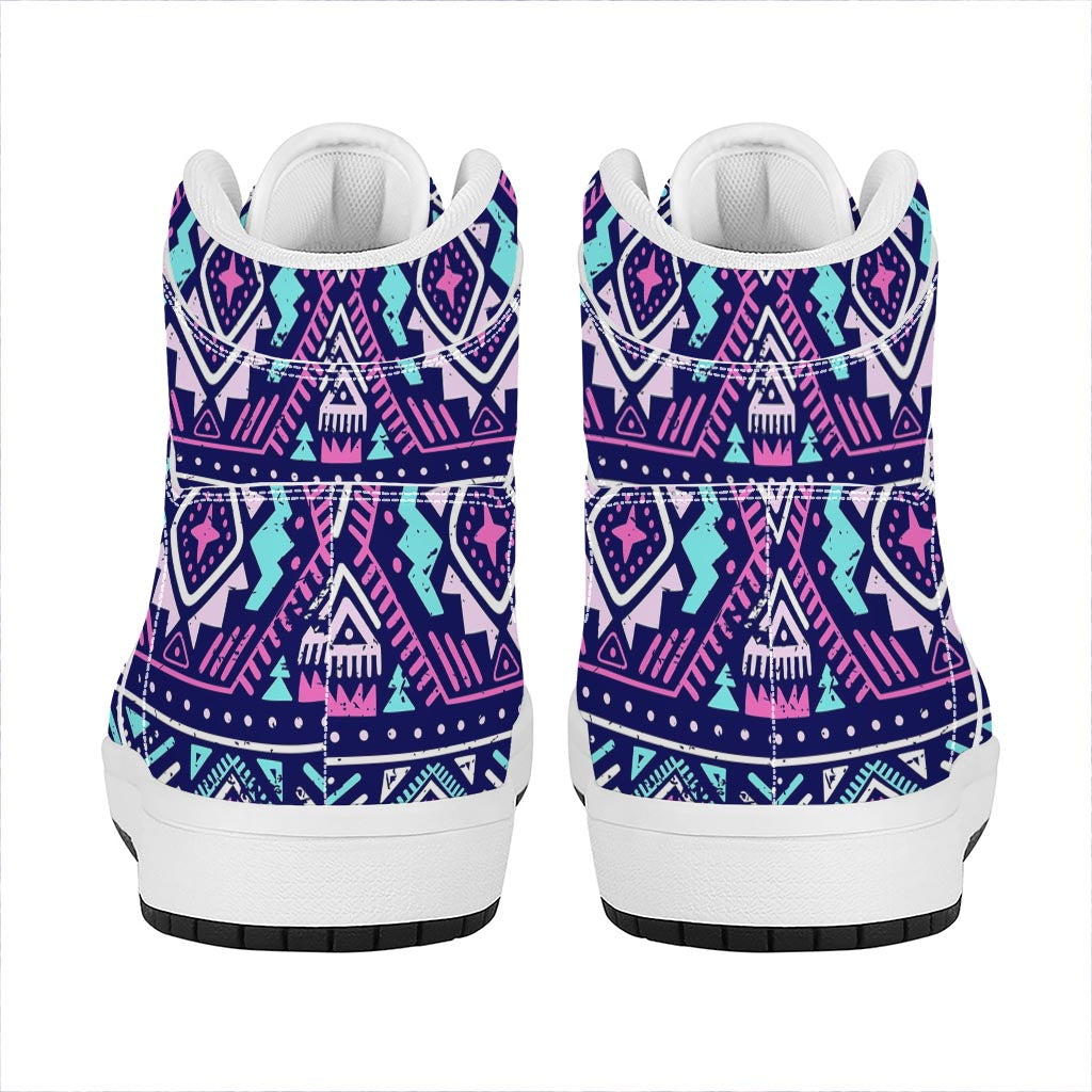 Blue And Pink Aztec Pattern Print High Top Leather Sneakers