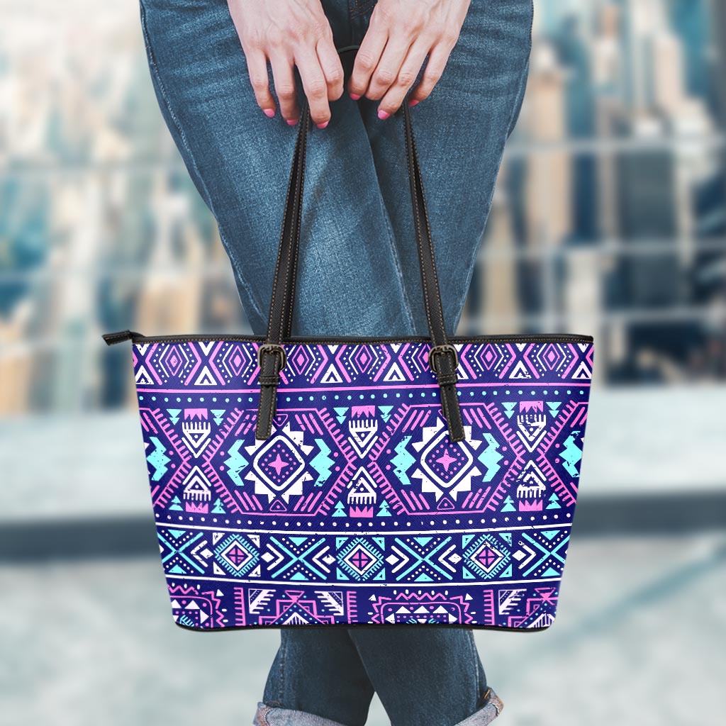 Blue And Pink Aztec Pattern Print Leather Tote Bag