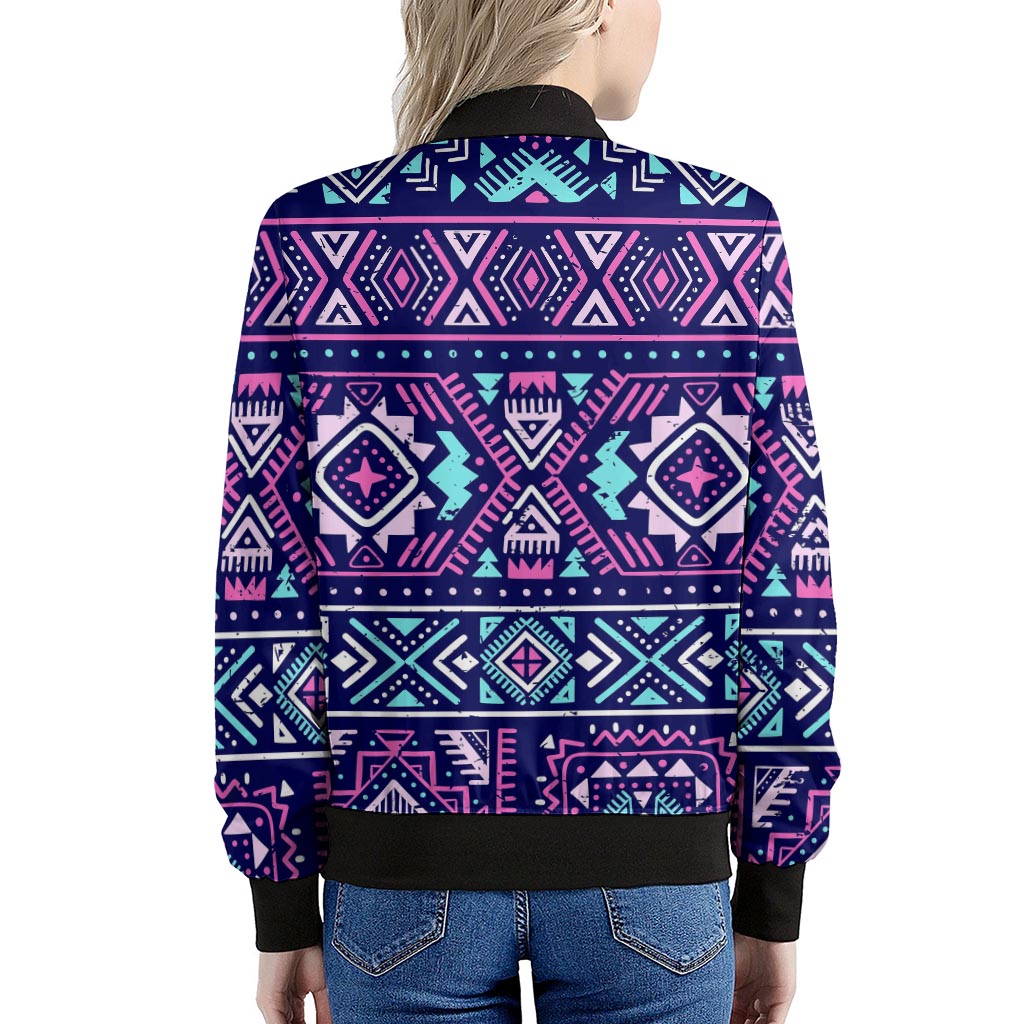 Blue And Pink Aztec Pattern Print Women's Bomber Jacket