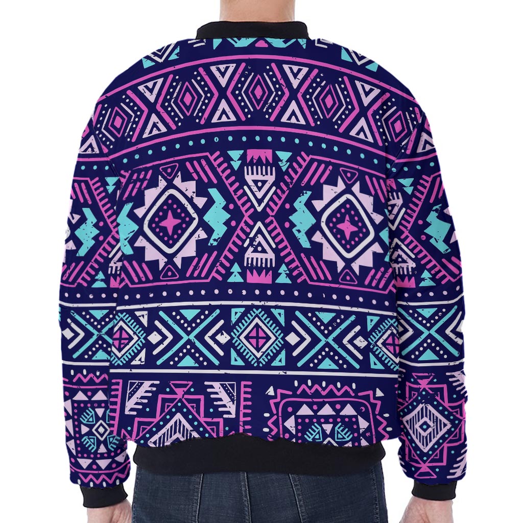 Blue And Pink Aztec Pattern Print Zip Sleeve Bomber Jacket