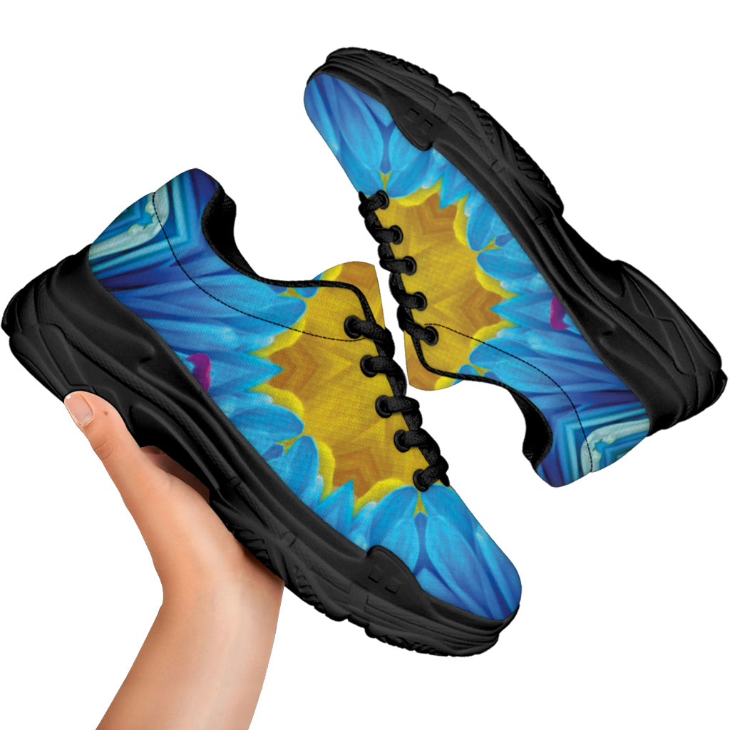 Blue And Pink Flowers Kaleidoscope Print Black Chunky Shoes