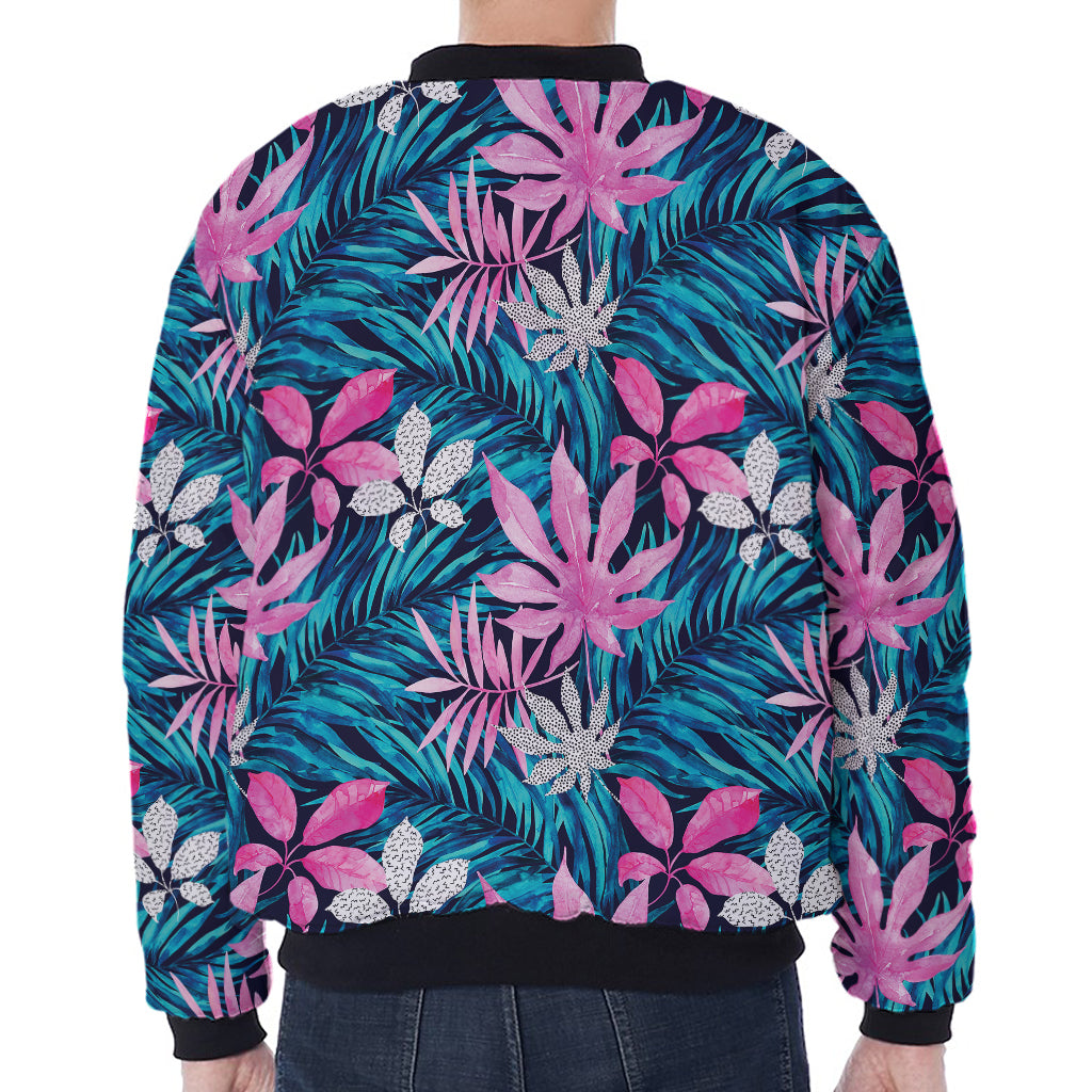 Blue And Pink Watercolor Hawaiian Print Zip Sleeve Bomber Jacket