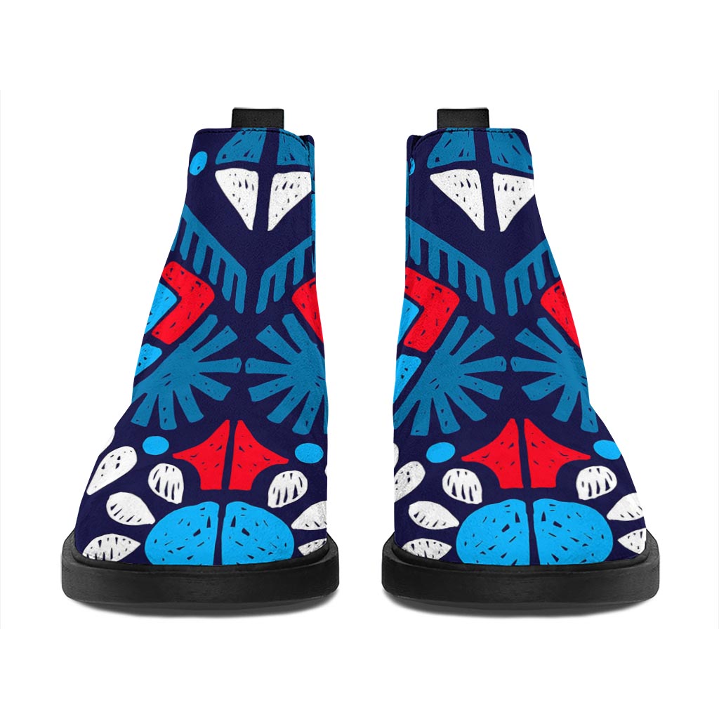 Blue And Red Aztec Pattern Print Flat Ankle Boots