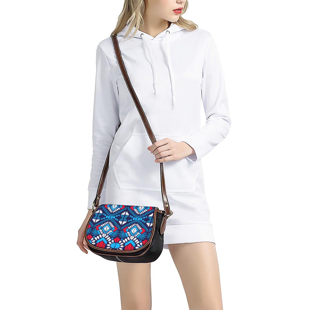 Blue And Red Aztec Pattern Print Saddle Bag