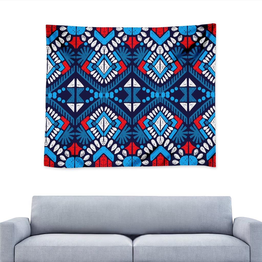 Blue And Red Aztec Pattern Print Tapestry