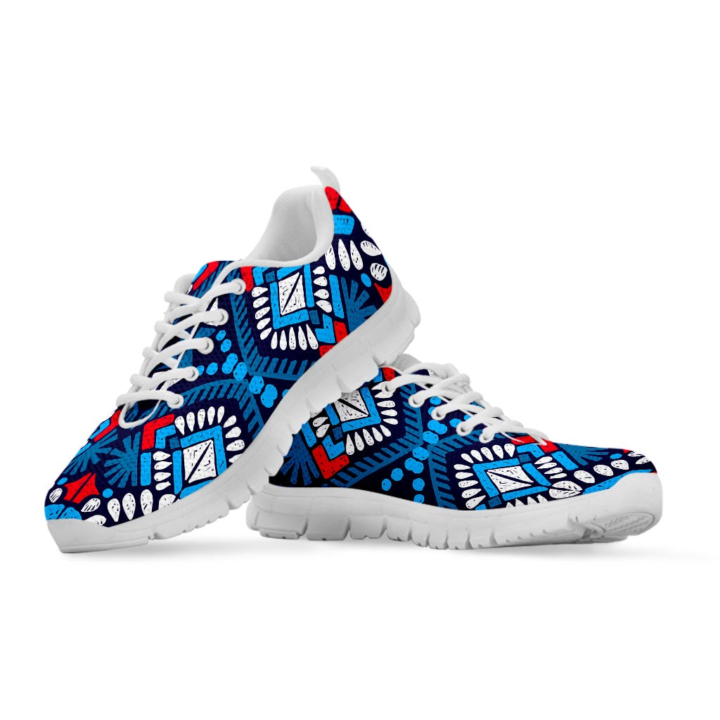 Blue And Red Aztec Pattern Print White Running Shoes