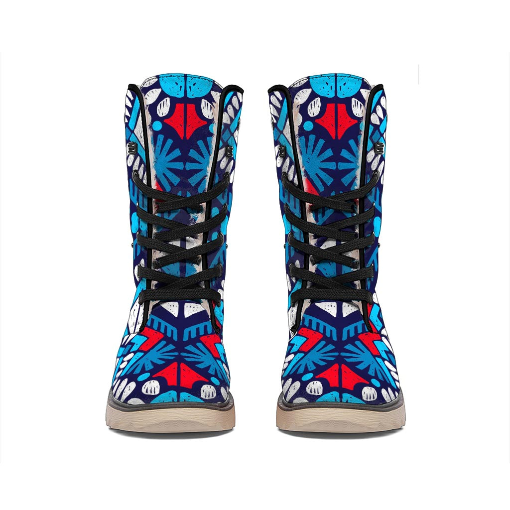 Blue And Red Aztec Pattern Print Winter Boots