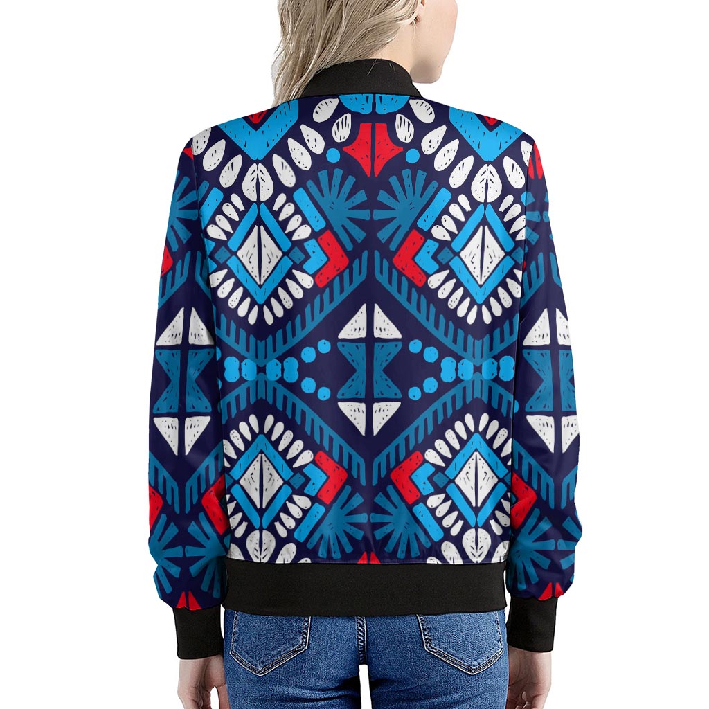 Blue And Red Aztec Pattern Print Women's Bomber Jacket