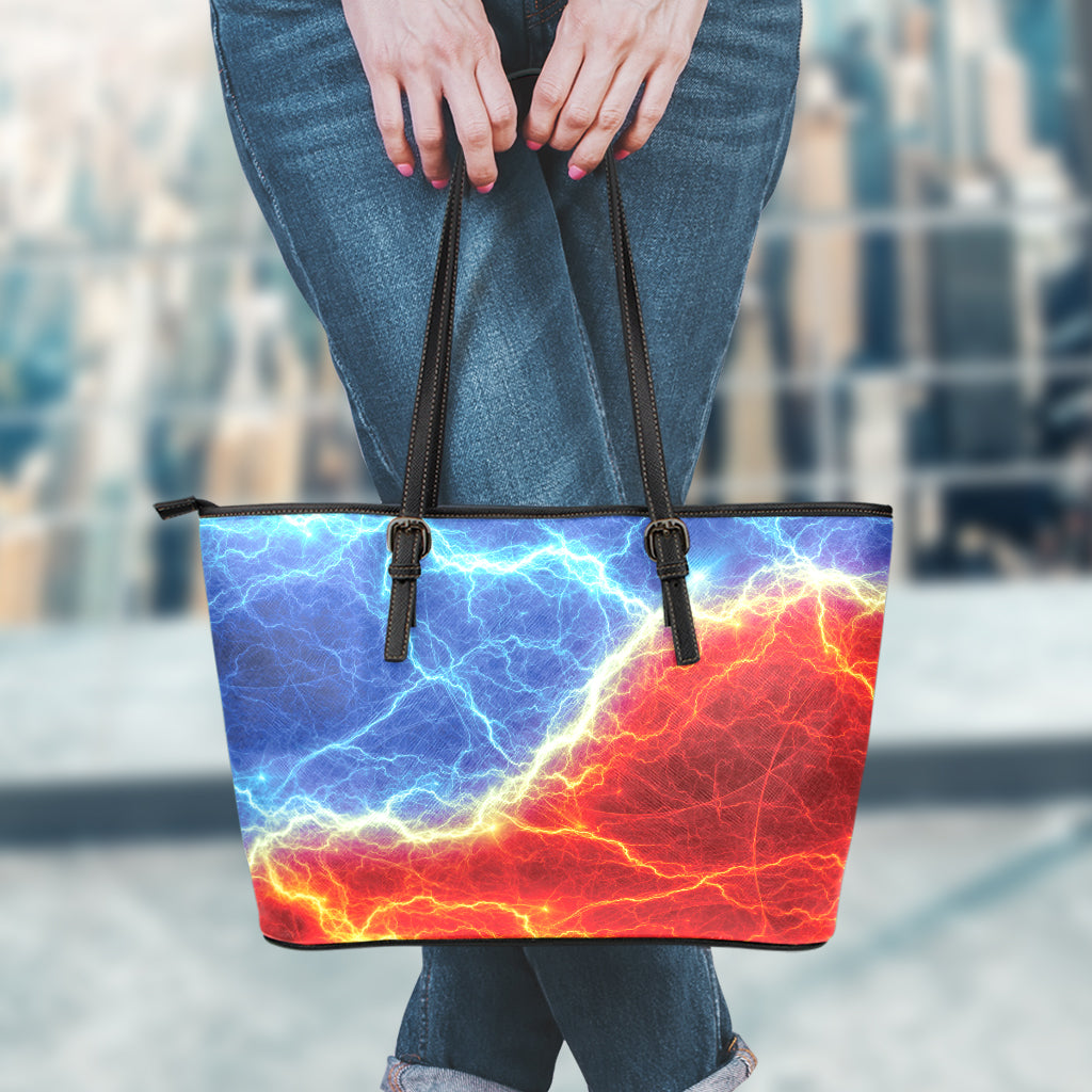 Blue And Red Lightning Print Leather Tote Bag