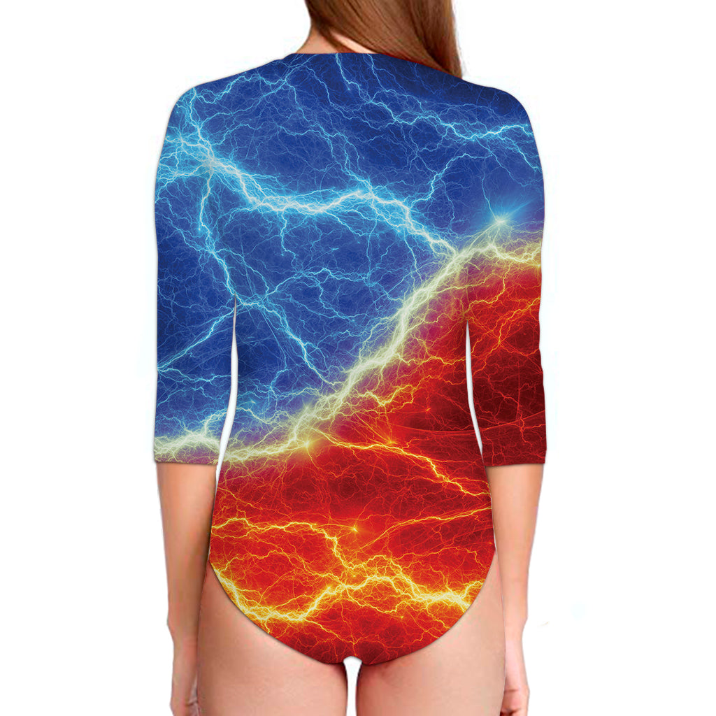 Blue And Red Lightning Print Long Sleeve Swimsuit