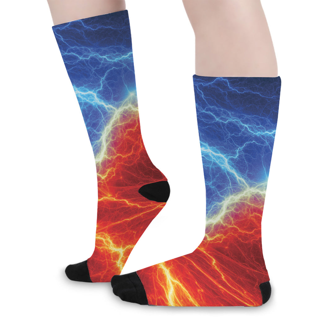 Blue And Red Lightning Print Long Socks