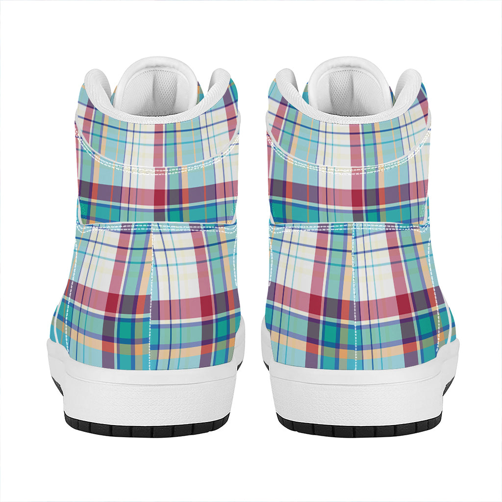 Blue And Red Madras Pattern Print High Top Leather Sneakers
