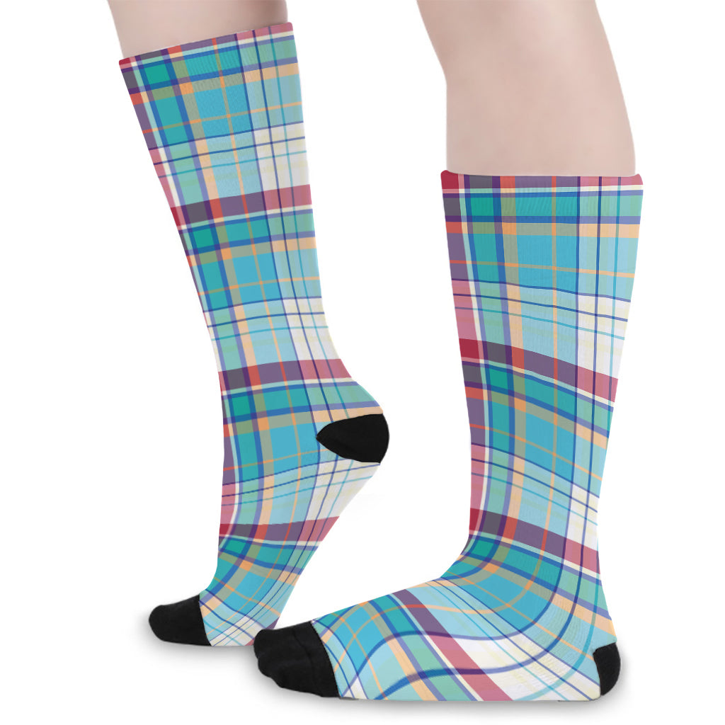 Blue And Red Madras Pattern Print Long Socks