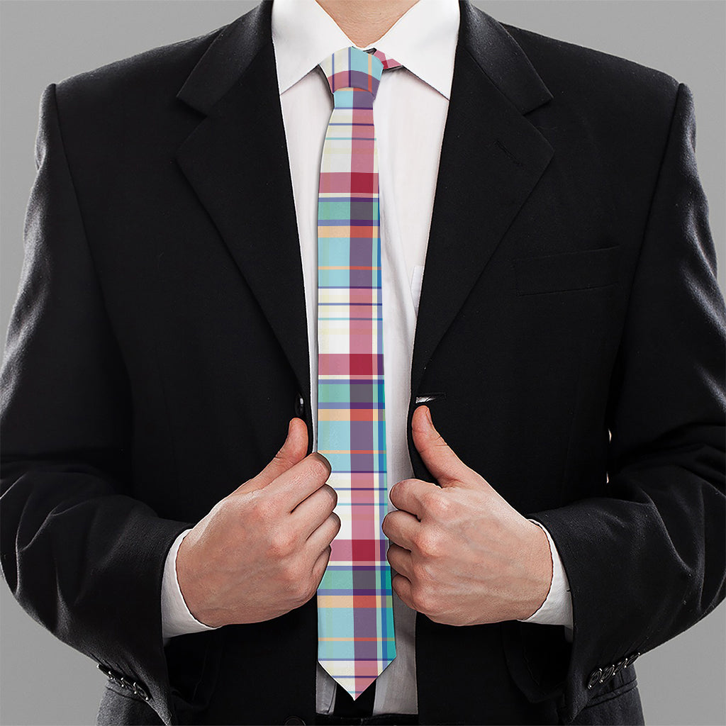 Blue And Red Madras Pattern Print Necktie