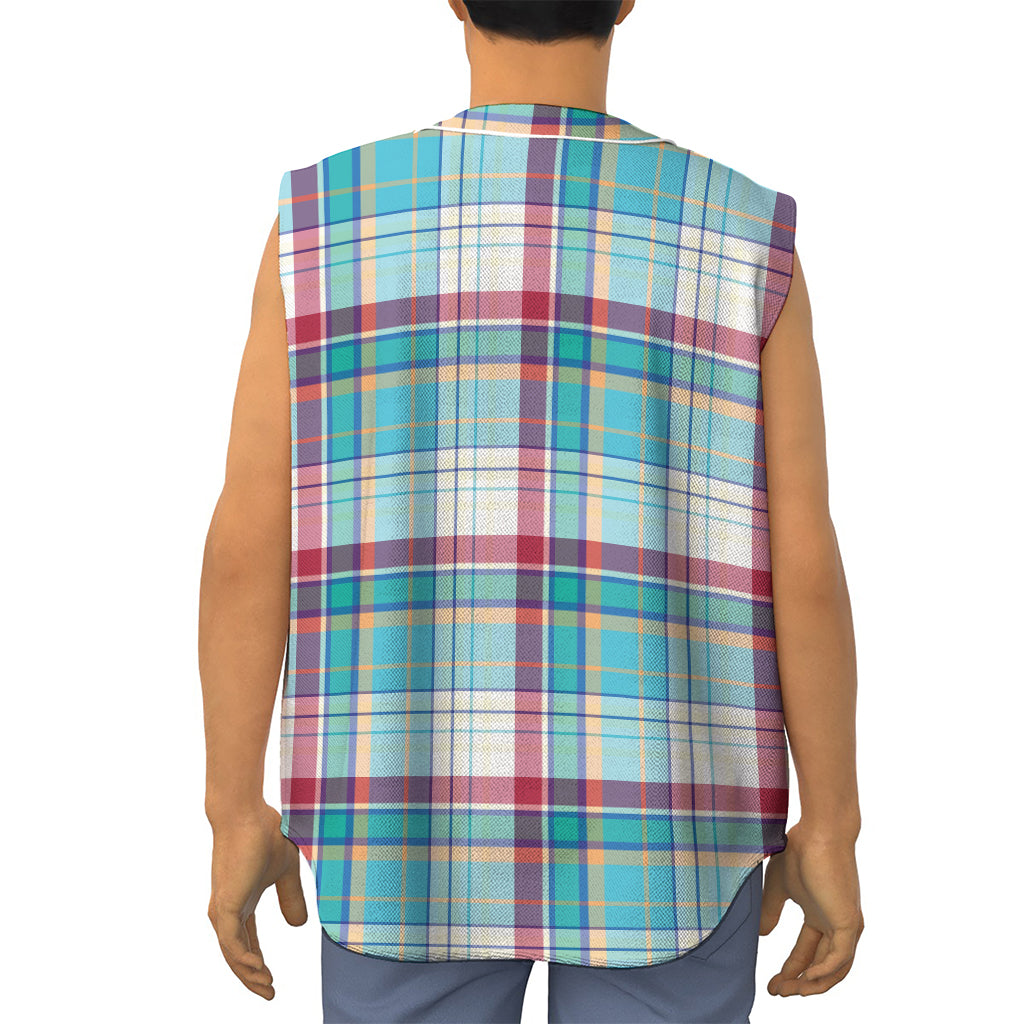 Blue And Red Madras Pattern Print Sleeveless Baseball Jersey