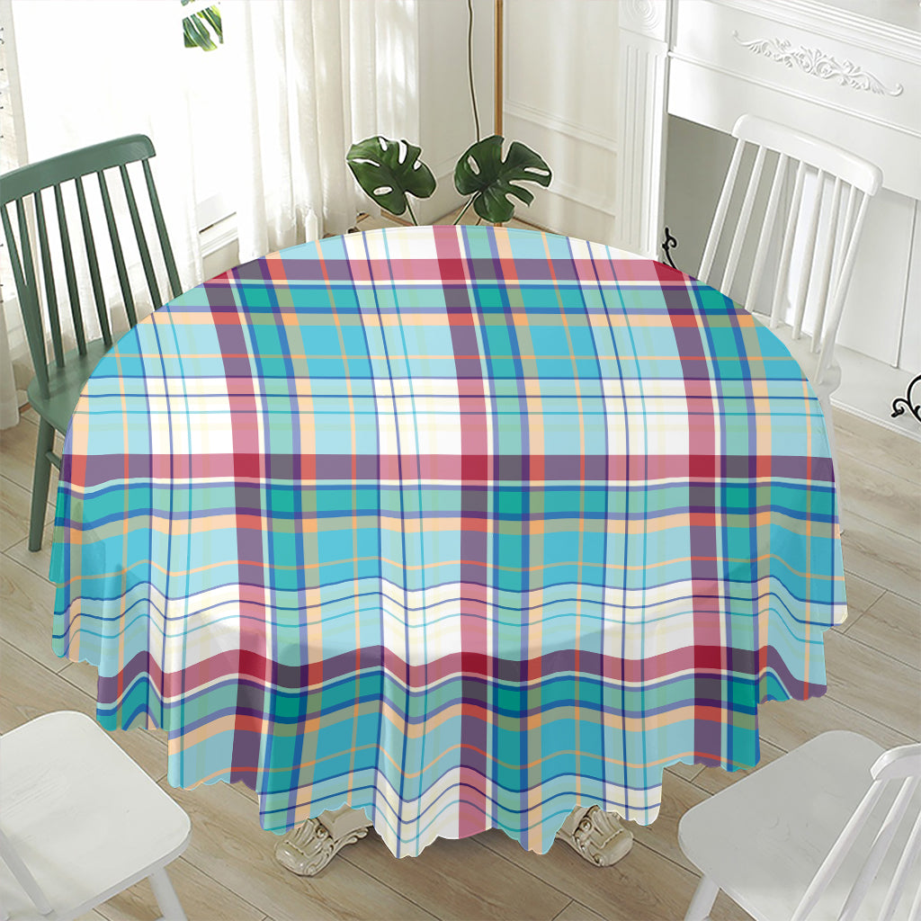 Blue And Red Madras Pattern Print Waterproof Round Tablecloth