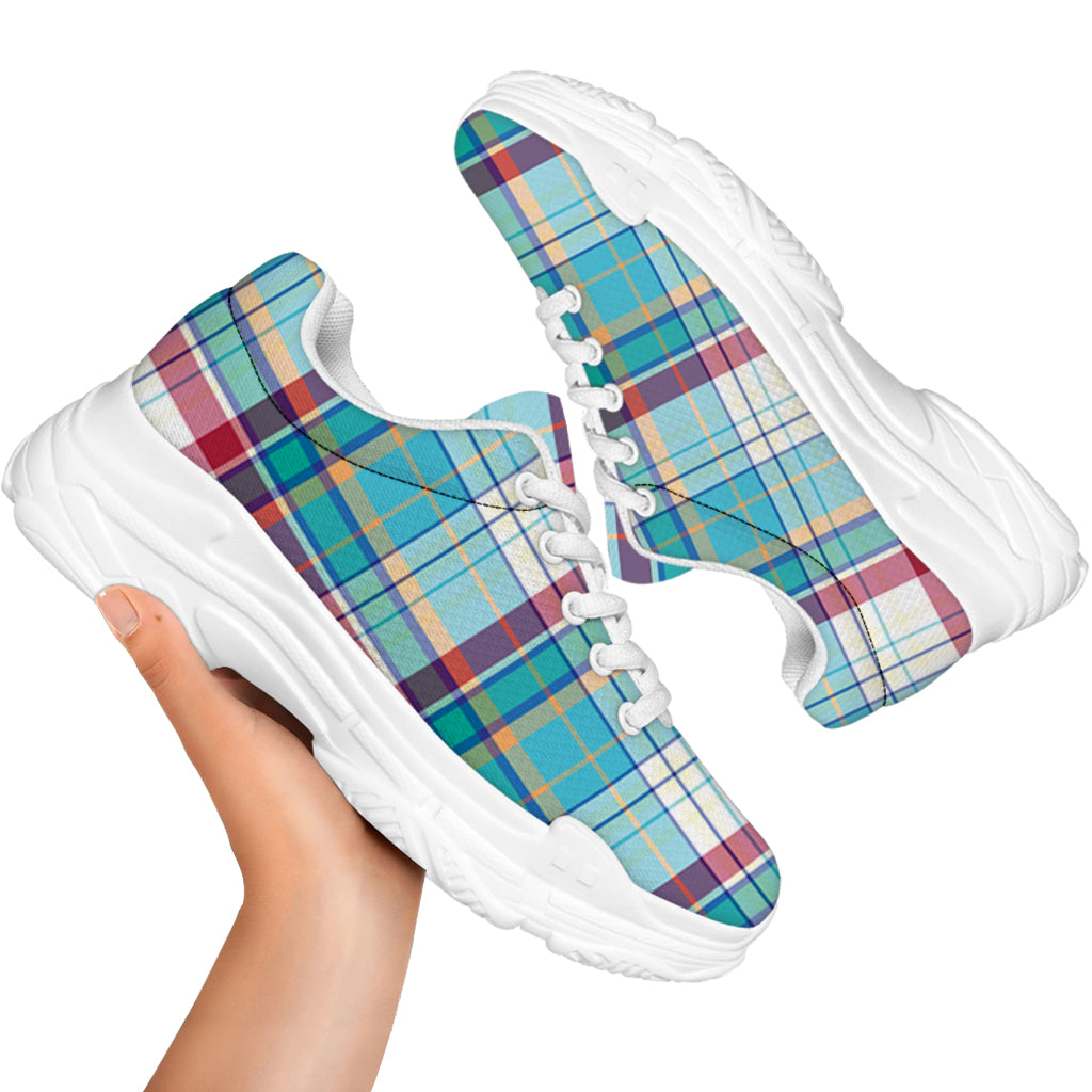 Blue And Red Madras Pattern Print White Chunky Shoes