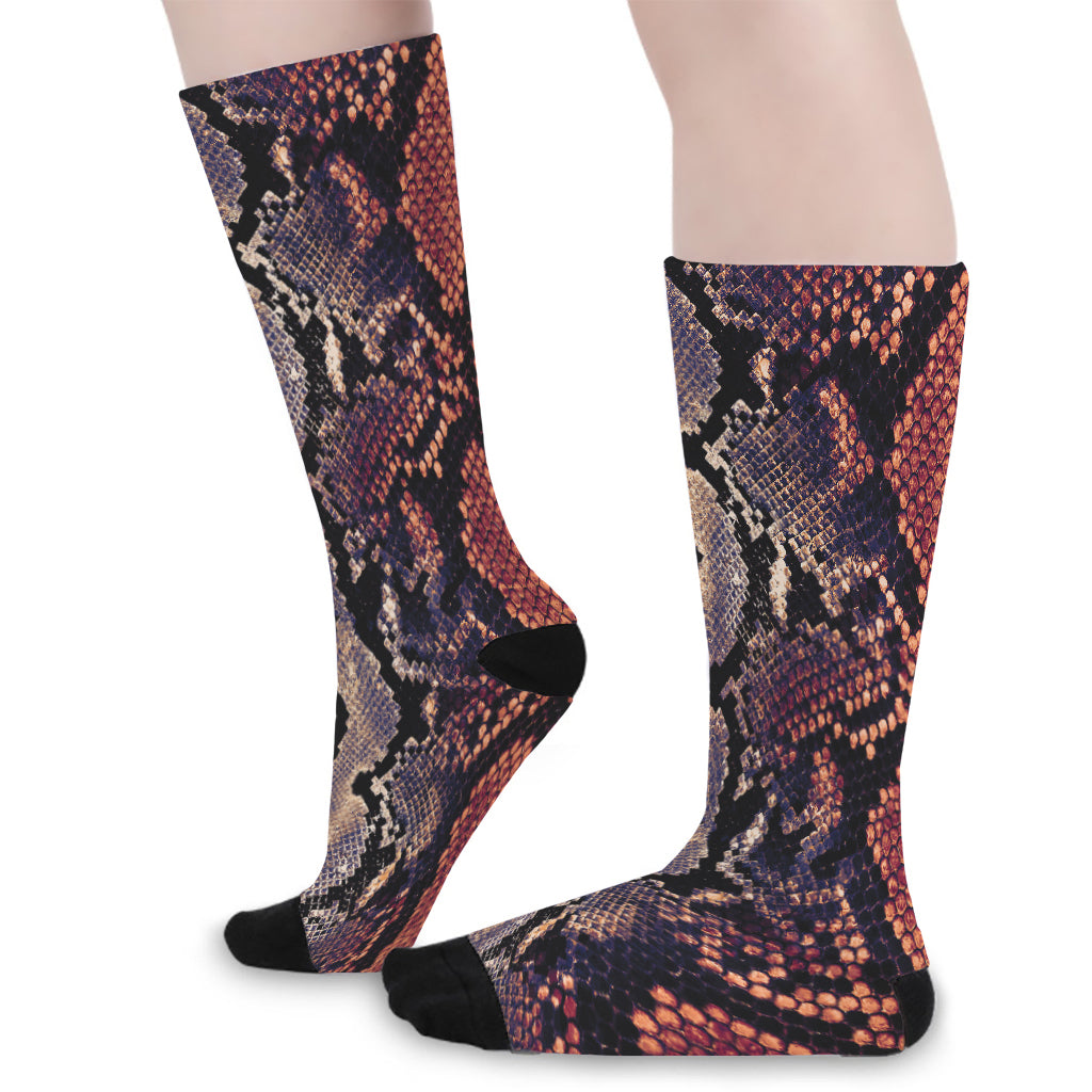 Blue And Red Snakeskin Print Long Socks