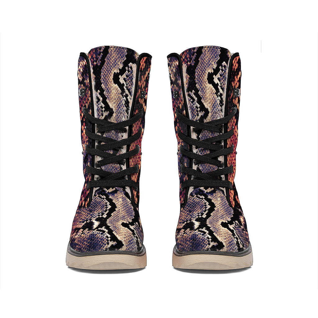 Blue And Red Snakeskin Print Winter Boots