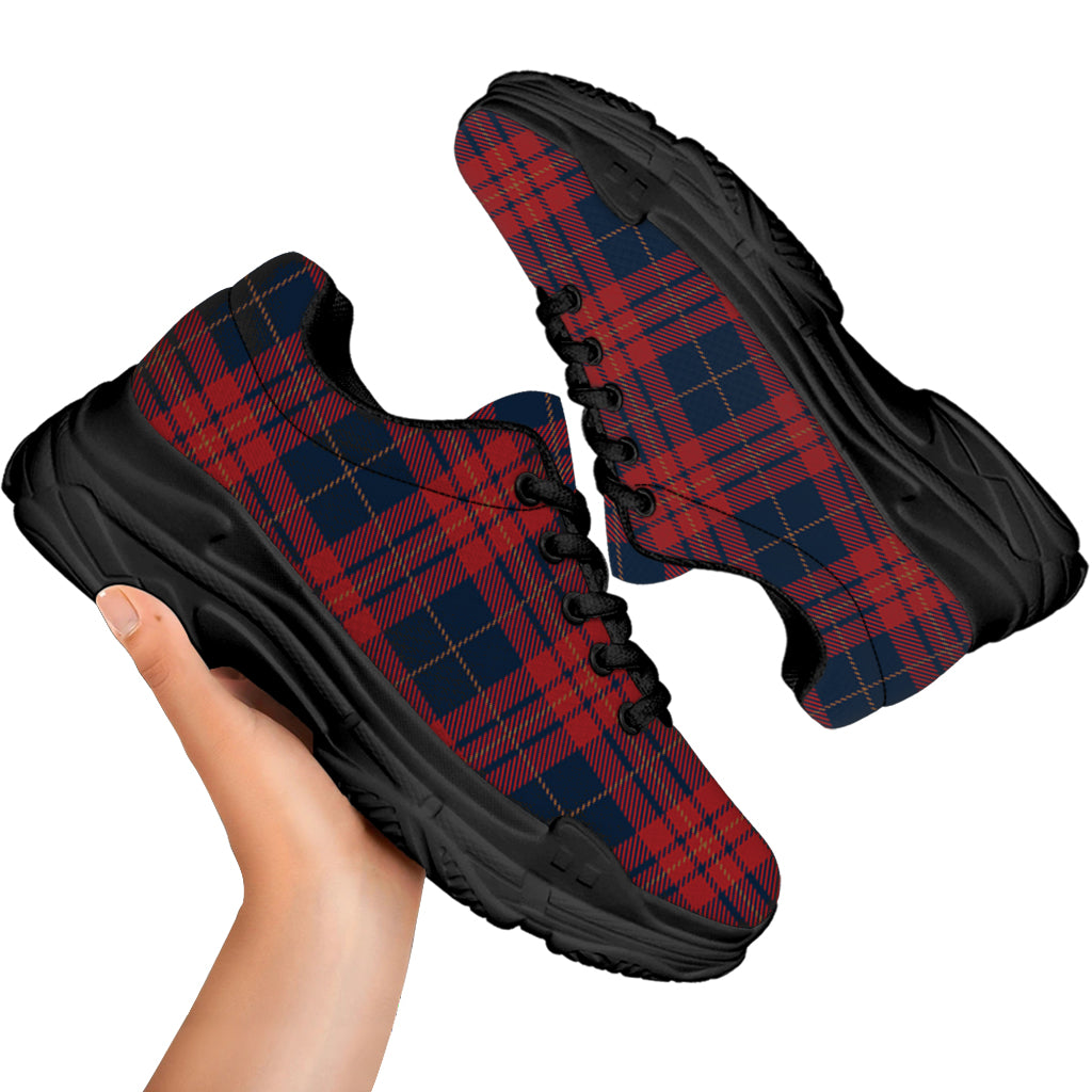 Blue And Red Tartan Pattern Print Black Chunky Shoes