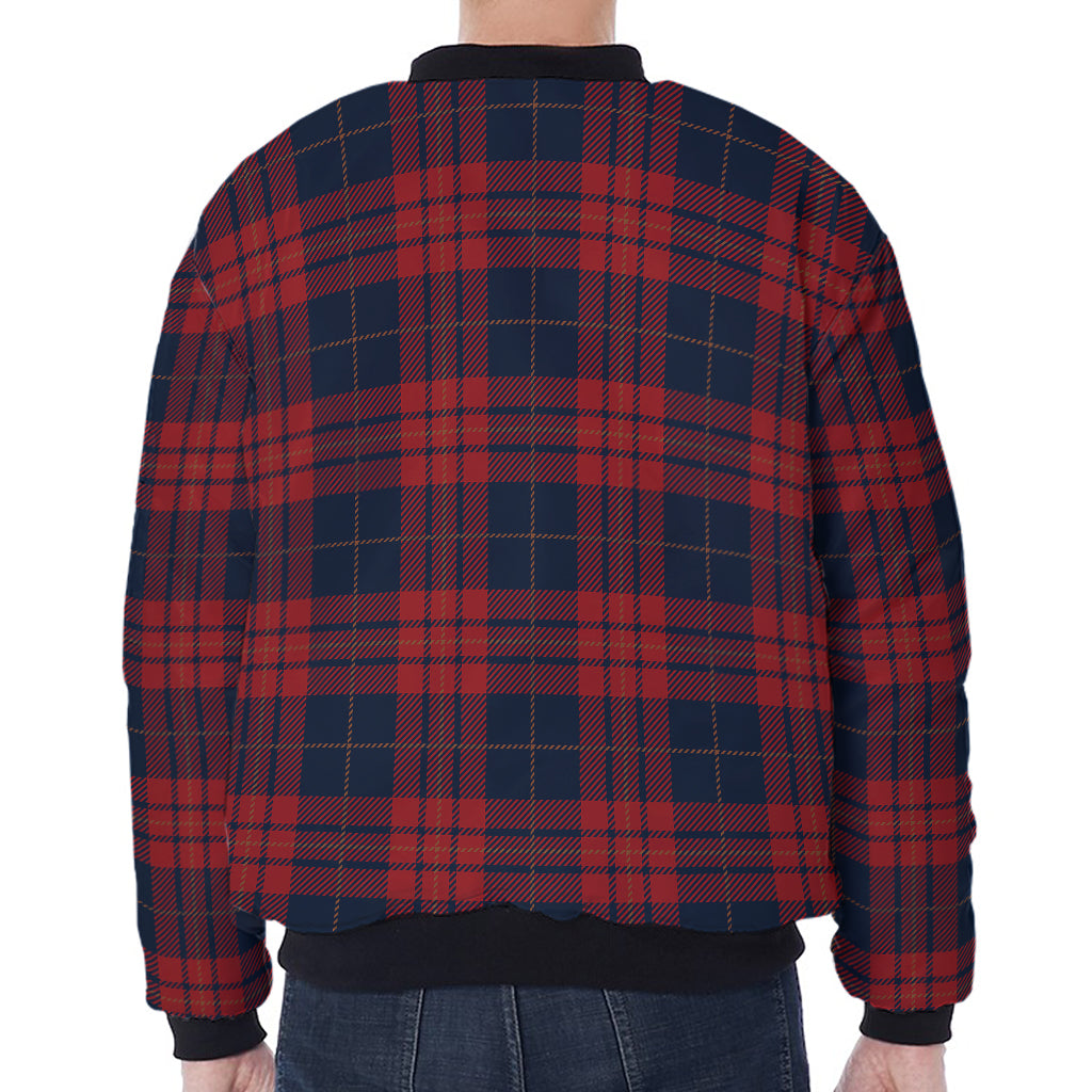 Blue And Red Tartan Pattern Print Zip Sleeve Bomber Jacket