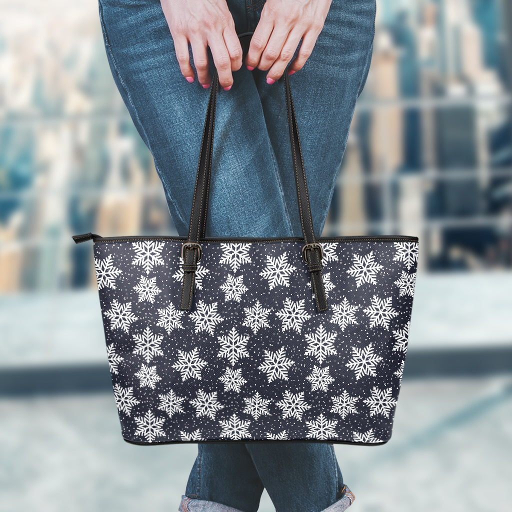 Blue And Silver Snowflake Pattern Print Leather Tote Bag