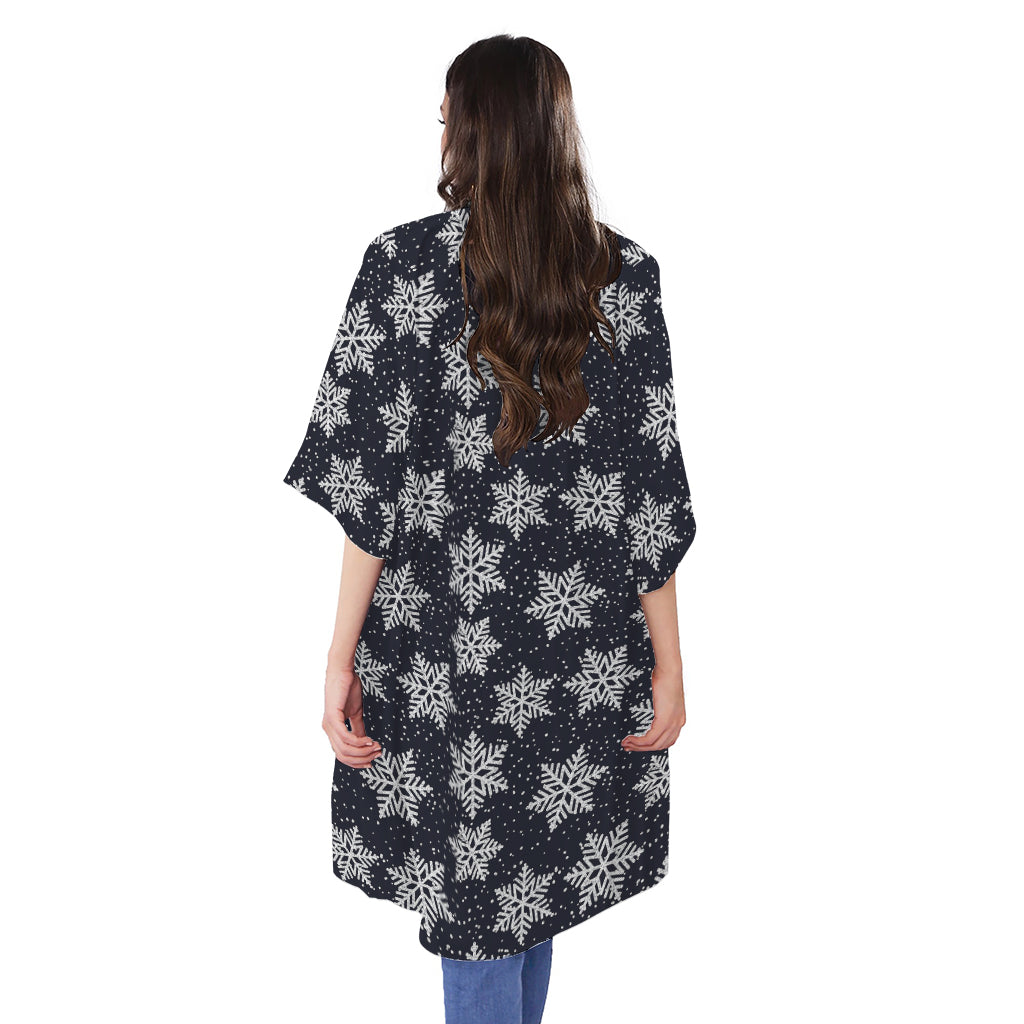Blue And Silver Snowflake Pattern Print Open Front Beach Cover Up