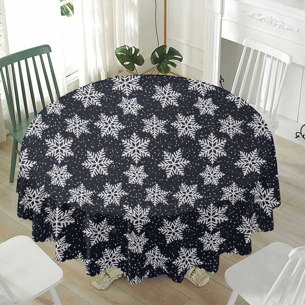 Blue And Silver Snowflake Pattern Print Waterproof Round Tablecloth