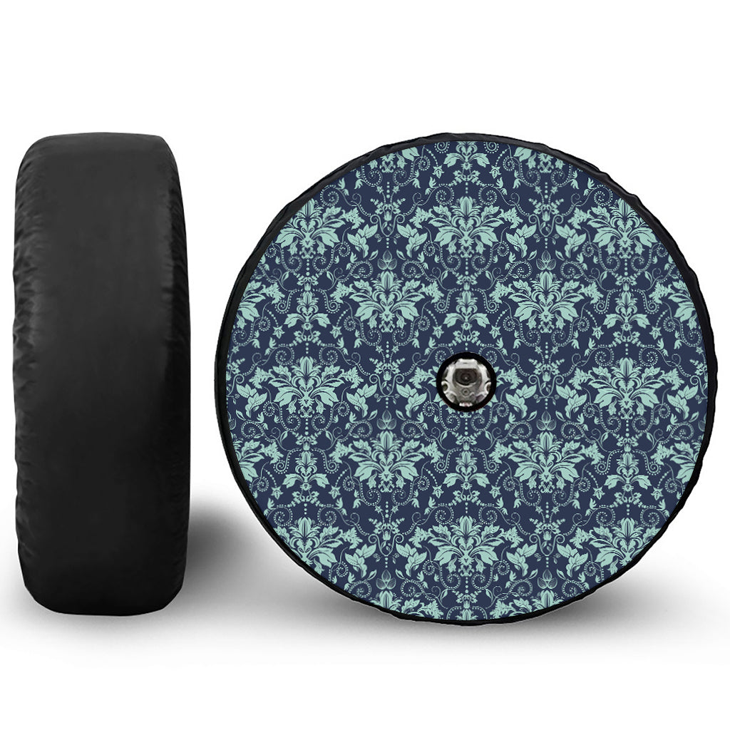 Blue And Teal Damask Pattern Print Tire Cover With Camera Hole