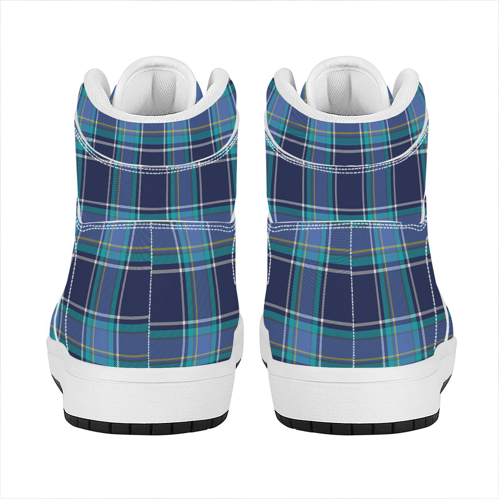 Blue And Teal Tartan Pattern Print High Top Leather Sneakers