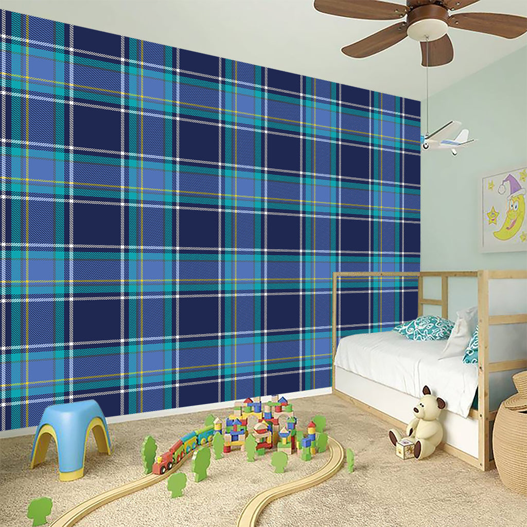 Blue And Teal Tartan Pattern Print Wall Sticker