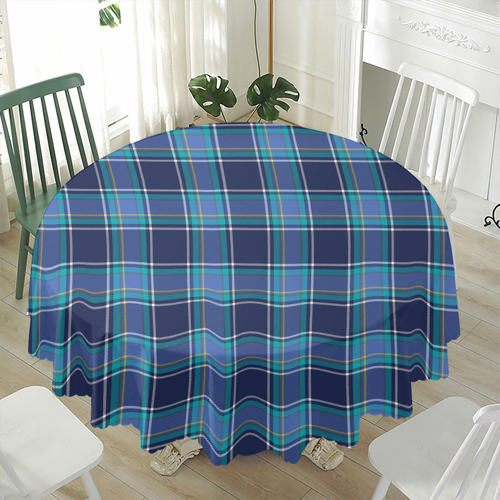 Blue And Teal Tartan Pattern Print Waterproof Round Tablecloth