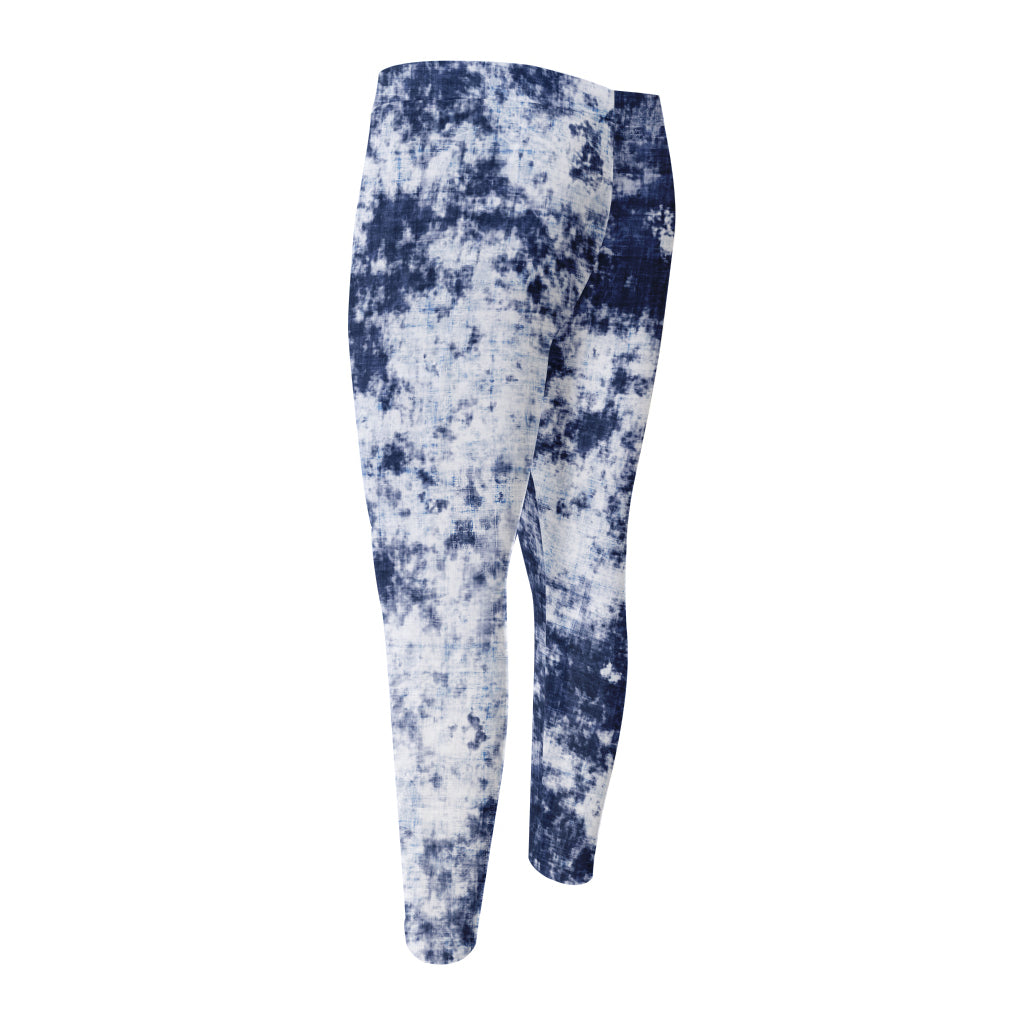 Blue And White Acid Wash Tie Dye Print Men's Compression Pants