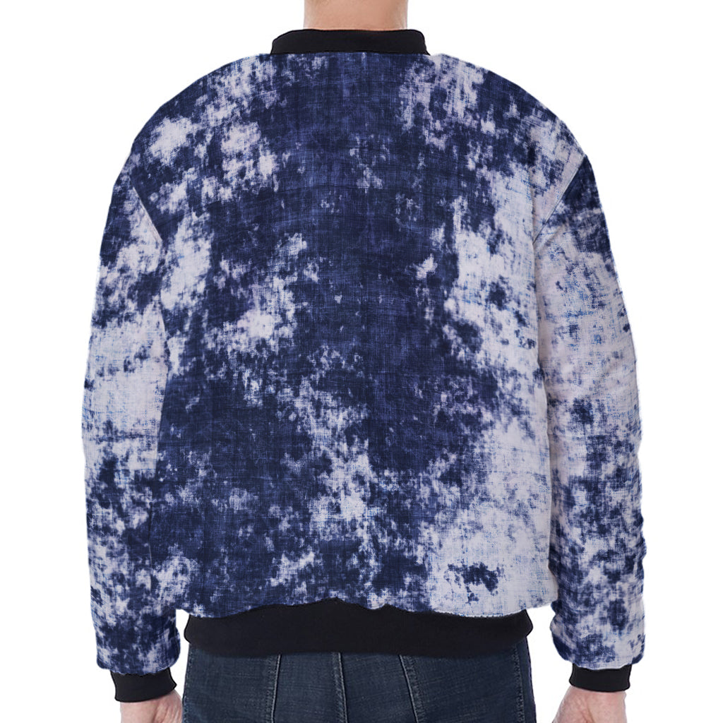 Blue And White Acid Wash Tie Dye Print Zip Sleeve Bomber Jacket