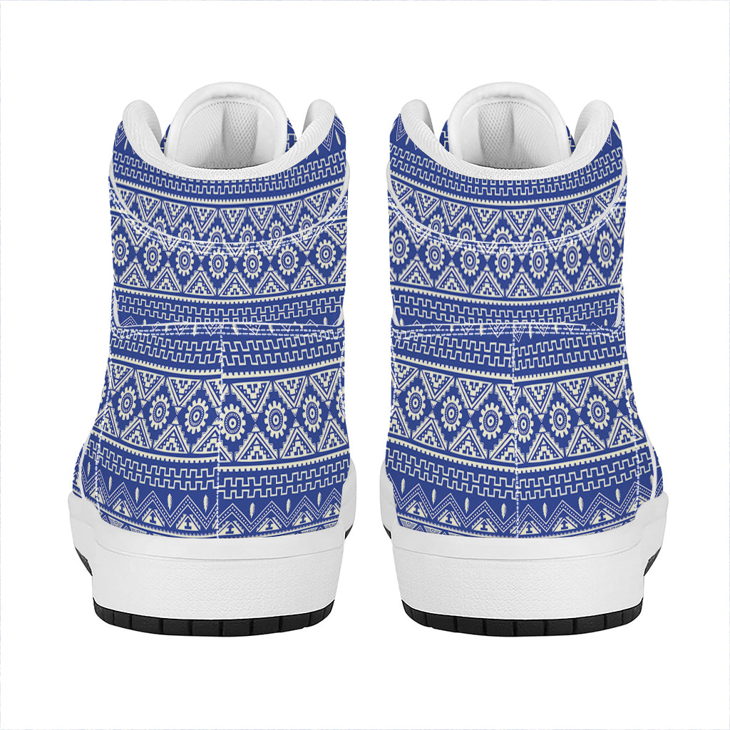 Blue And White African Pattern Print High Top Leather Sneakers