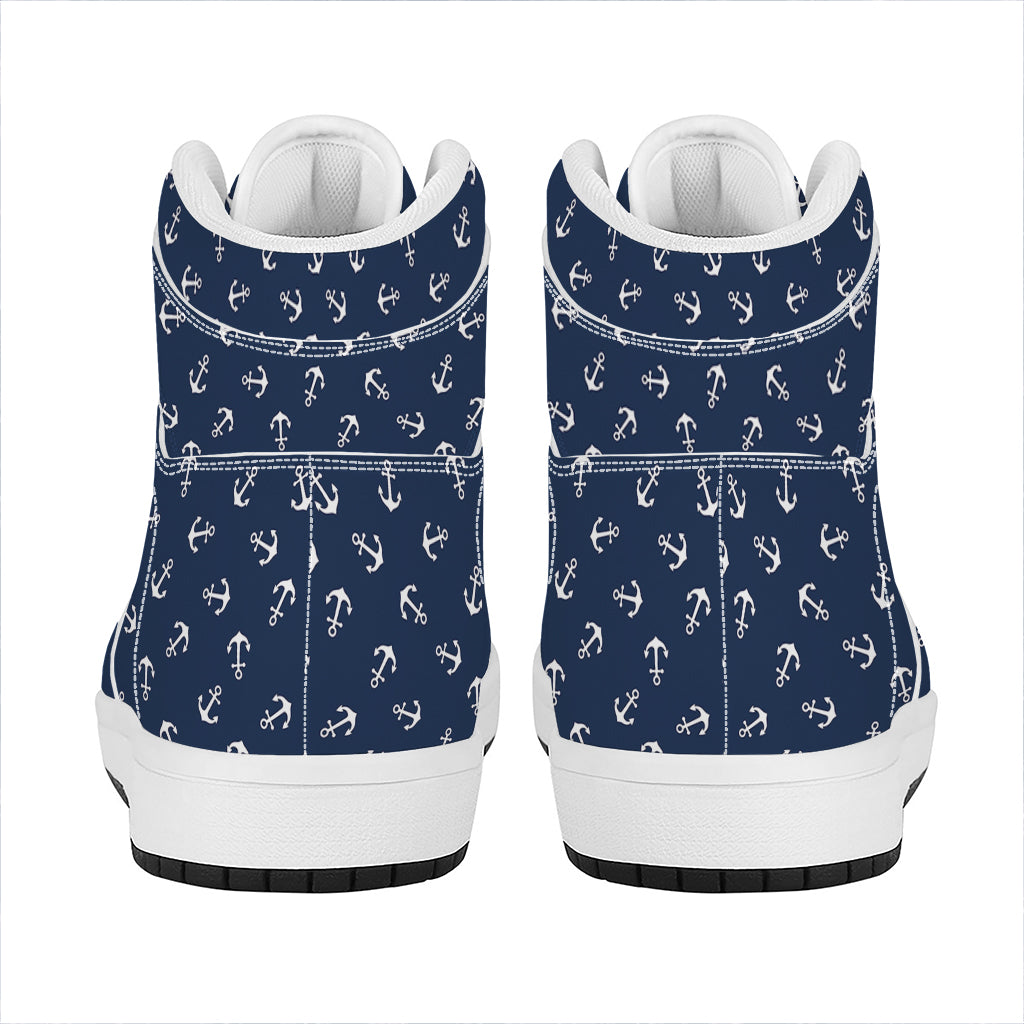 Blue And White Anchor Pattern Print High Top Leather Sneakers