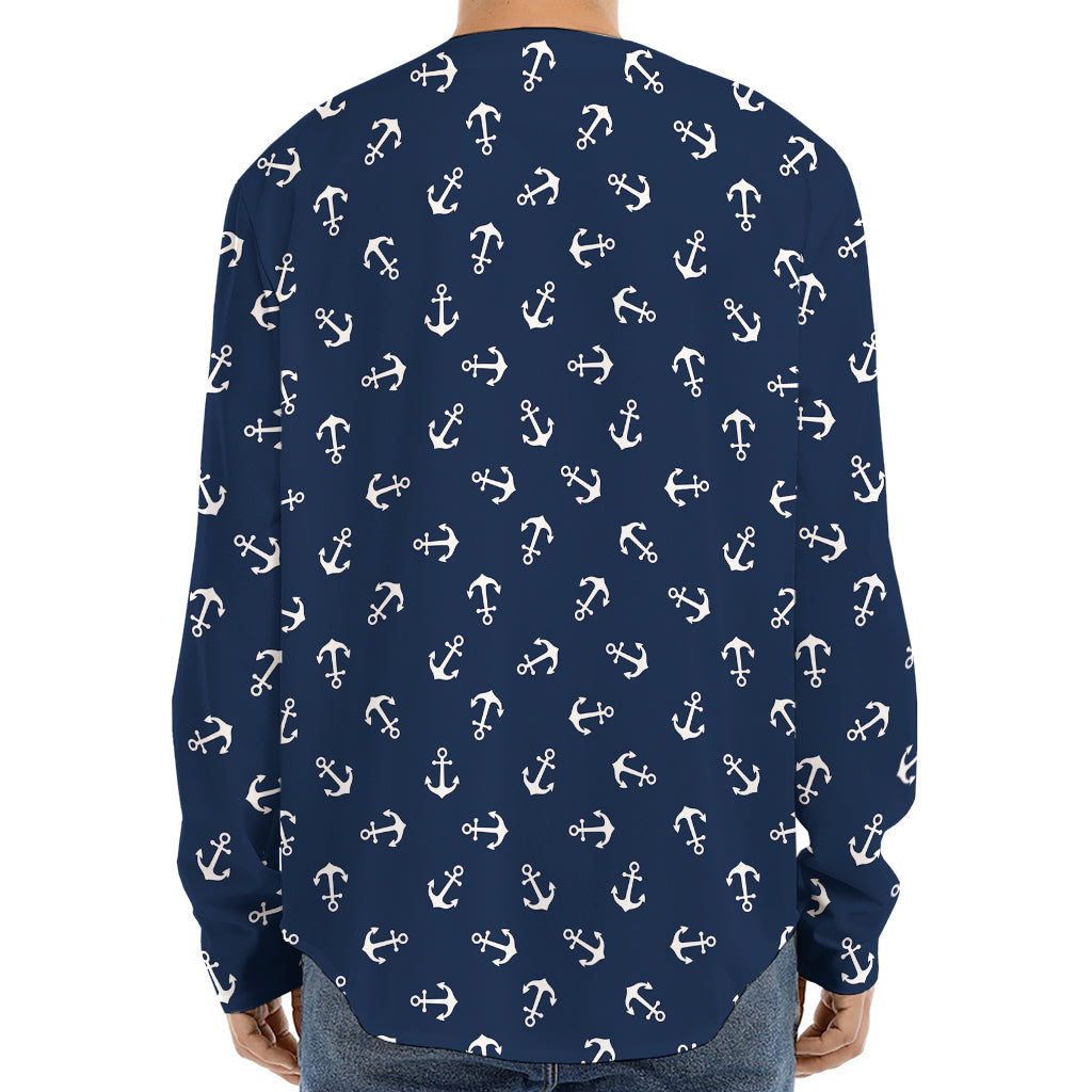 Blue And White Anchor Pattern Print Long Sleeve Baseball Jersey