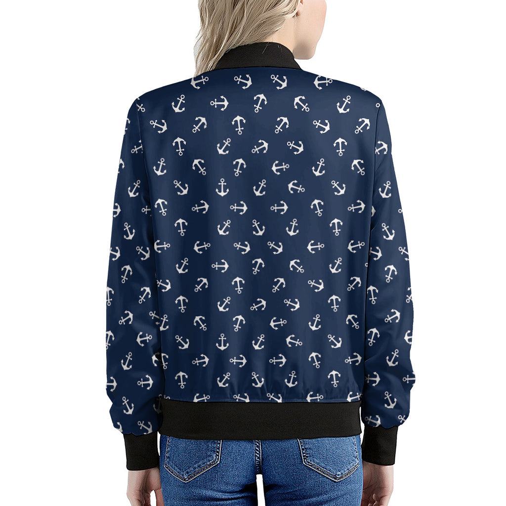 Blue And White Anchor Pattern Print Women's Bomber Jacket