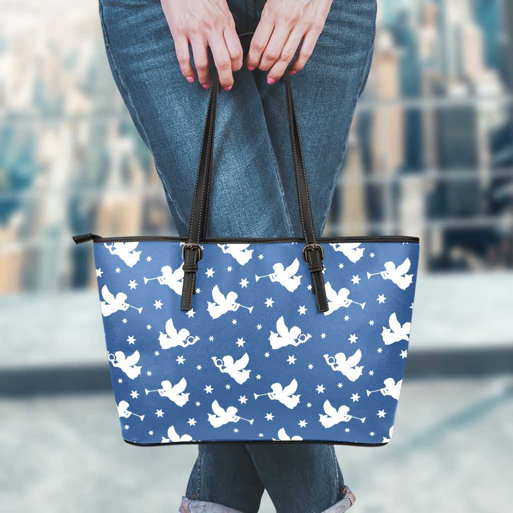 Blue And White Angel Pattern Print Leather Tote Bag