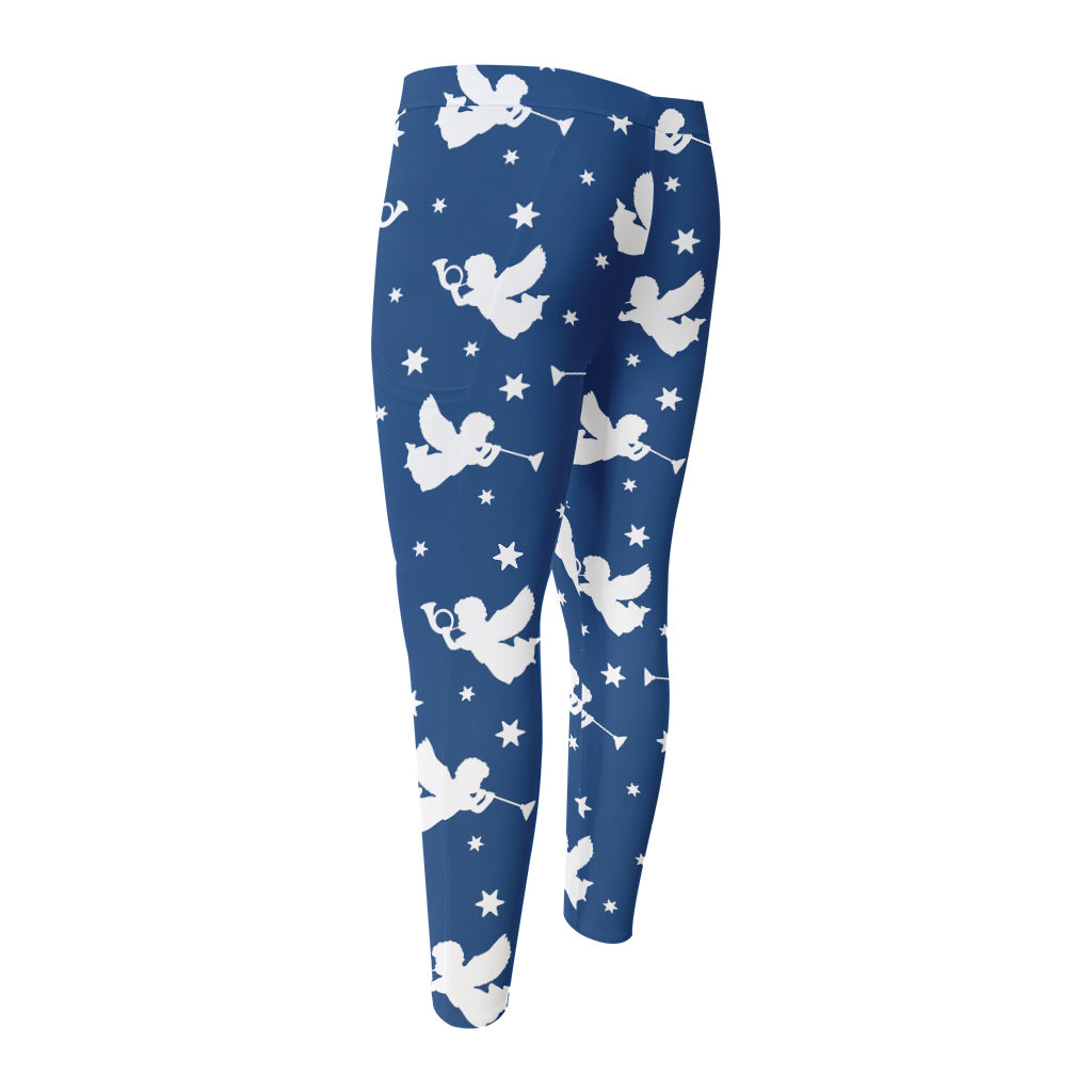 Blue And White Angel Pattern Print Men's Compression Pants