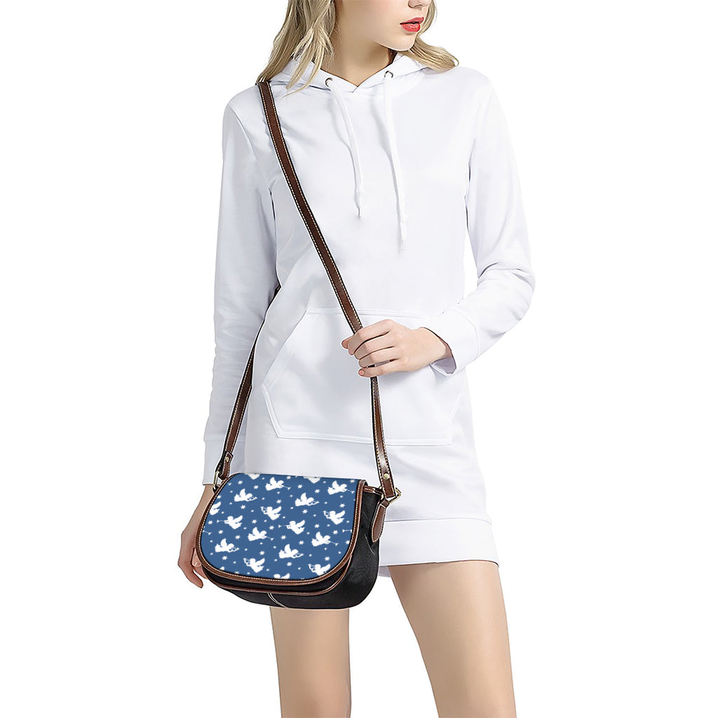 Blue And White Angel Pattern Print Saddle Bag