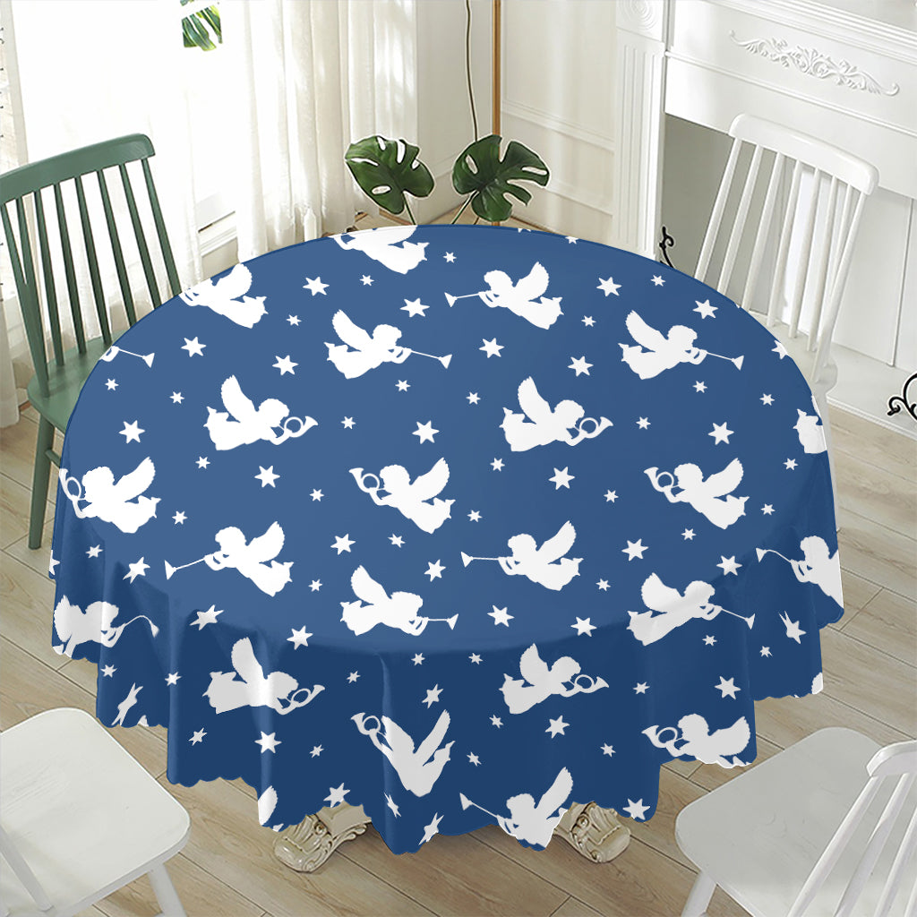 Blue And White Angel Pattern Print Waterproof Round Tablecloth