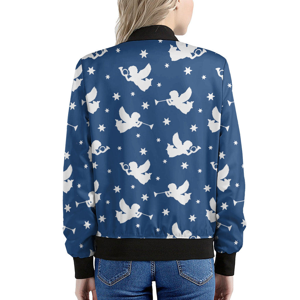 Blue And White Angel Pattern Print Women's Bomber Jacket