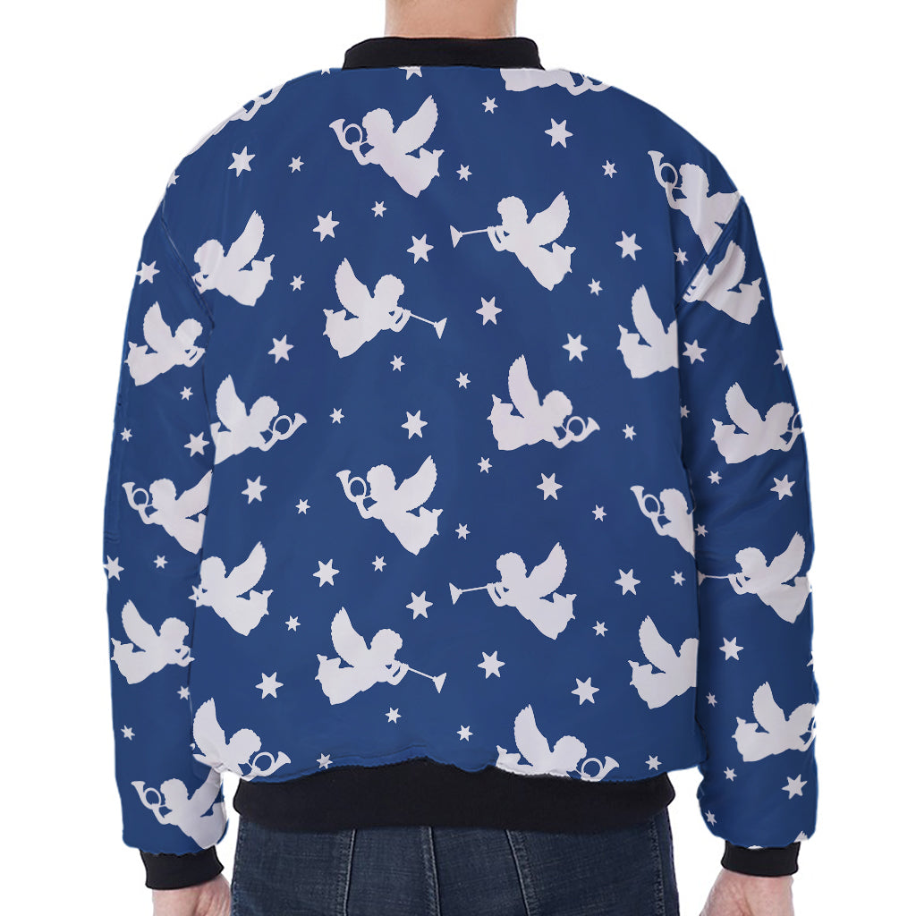 Blue And White Angel Pattern Print Zip Sleeve Bomber Jacket