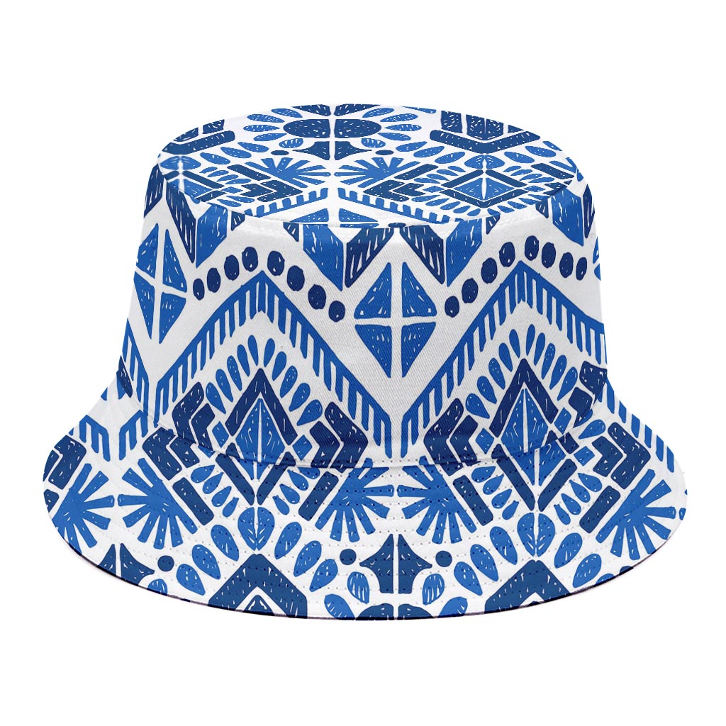 Blue And White Aztec Pattern Print Bucket Hat