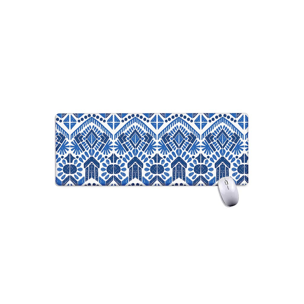 Blue And White Aztec Pattern Print Extended Mouse Pad