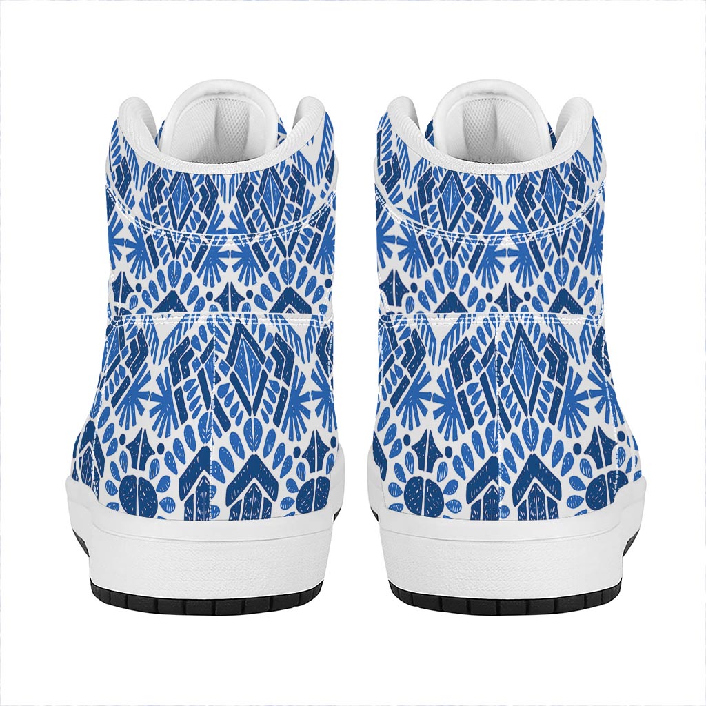 Blue And White Aztec Pattern Print High Top Leather Sneakers