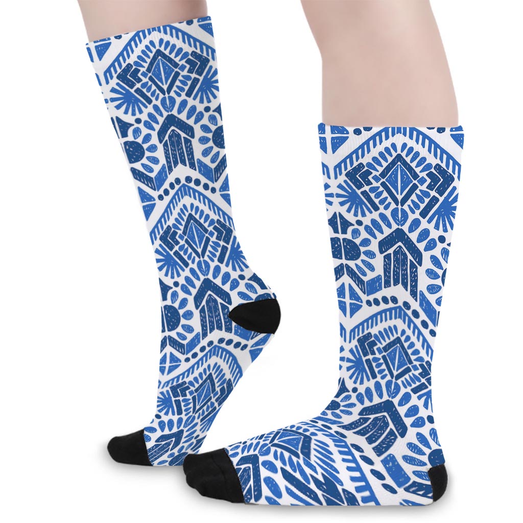 Blue And White Aztec Pattern Print Long Socks