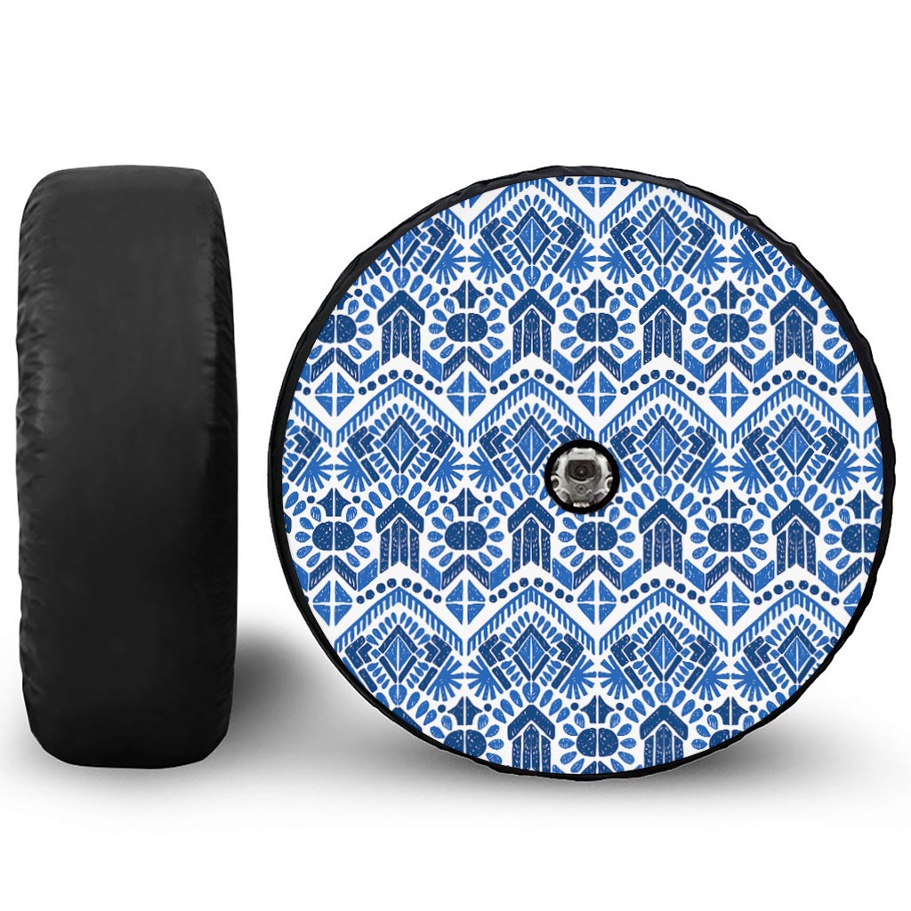 Blue And White Aztec Pattern Print Tire Cover With Camera Hole