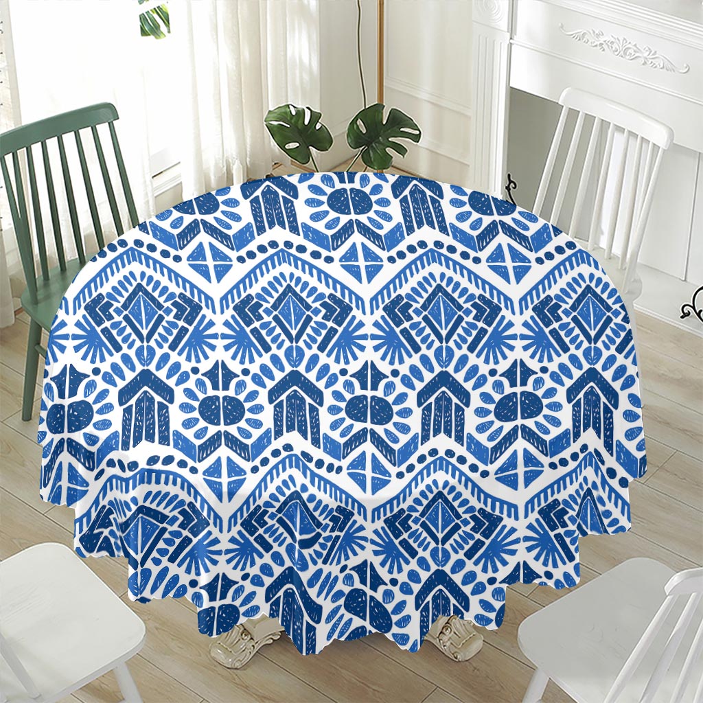 Blue And White Aztec Pattern Print Waterproof Round Tablecloth
